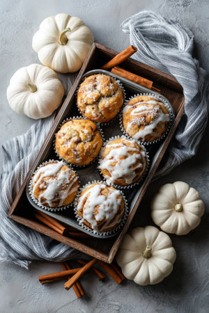 Delicious cinnamon muffins are arranged in a muffin tin, with white pumpkins and cinnamon sticks nearby, creating a warm autumn atmosphere perfect for a gathering. Details matter.の素材