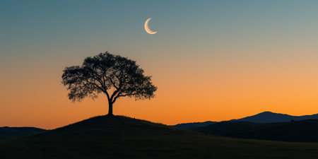 A mighty tree stands alone on a hilltop under a crescent moon. The sky is painted in vibrant hues of orange and blue as evening descends over the tranquil landscape.の素材
