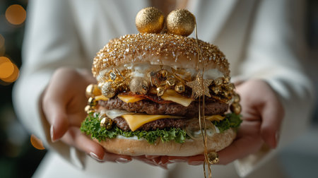 A person holds a large festive burger topped with gold ornaments and surrounded by holiday decorations. The scene conveys a cheerful holiday spirit and gourmet food enjoyment.の素材