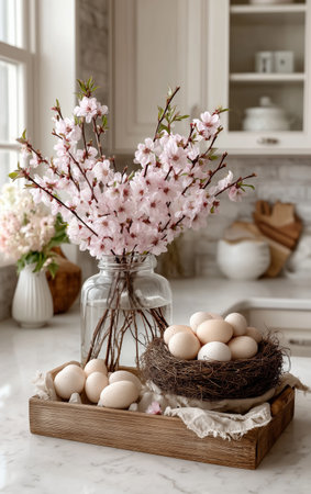A cozy kitchen scene features a glass jar filled with pink blossoms, while a wooden tray holds a nest of eggs and fresh flowers. The setting is bright and inviting.の素材