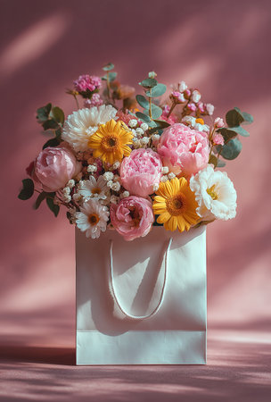 A vibrant bouquet featuring roses, daisies, and other blooms sits in a white gift bag against a soft gray backdrop. This arrangement brings joy and elegance to any space. Details matter.の素材