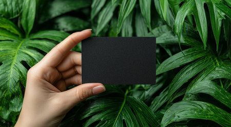 A person holds a blank black card against a backdrop of vibrant green leaves. The lush foliage creates a natural, calming setting, highlighting the cards simplicity. Details matter.の素材