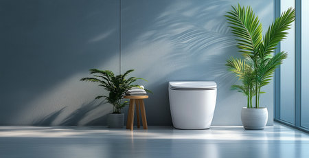 A clean, modern bathroom features a sleek toilet beside lush greenery. Soft light filters through a large window, creating a calm and inviting atmosphere.の素材