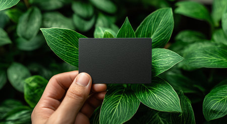 A person holds a blank black card against a backdrop of vibrant green leaves. The lush foliage creates a natural, calming setting, highlighting the cards simplicity.の素材