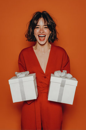 A joyful woman smiles widely while holding two wrapped gift boxes in her hands. She wears a striking red suit, creating a vibrant contrast with the orange backdrop. Details matter.の素材