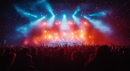 The crowd waves and cheers during a lively concert at night, surrounded by colorful lights and a shower of confetti falling from above, creating an energetic atmosphere. Details matter.の素材