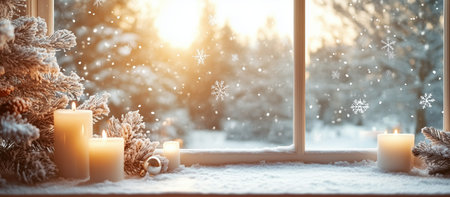 Snowflakes gently fall outside a window where warm candlelight glows. A decorated pine tree stands nearby, creating a cozy and festive atmosphere as the sun sets.の素材