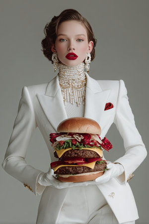 A fashion model poses with a gourmet burger, dressed in a stunning white suit and accessories. Her elegant look contrasts with the oversized meal she showcases.の素材