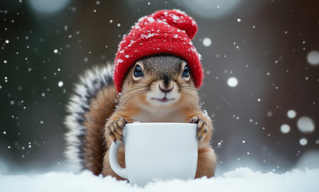 A cute squirrel wearing a red knit hat stands in soft white snow while holding a small cup. Snowflakes gently fall around, creating a cozy winter scene in nature.の素材