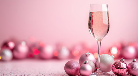 A glass filled with sparkling drink sits on a soft pink surface adorned with shiny pink and silver ornaments. This setup creates a festive atmosphere for a celebration.の素材