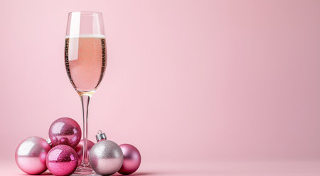 A glass filled with sparkling drink sits on a soft pink surface adorned with shiny pink and silver ornaments. This setup creates a festive atmosphere for a celebration.の素材