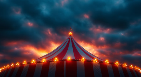 A large circus tent with red and white stripes stands out against a dramatic sunset. Bright lights outline the tent while dark clouds create a striking sky.の素材