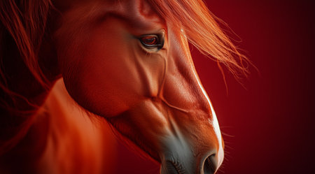 A striking red horse runs gracefully through a vivid field of crimson grass, its long mane flowing in the wind. The scene is captivating with deep red tones and dynamic movement.の素材