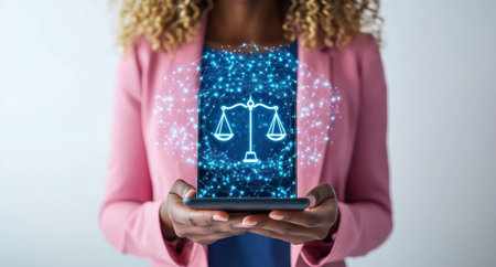 A woman in a pink blazer holds a tablet displaying glowing scales of justice. The setting conveys a blend of technology and legal themes. It highlights innovation in the legal field.の素材