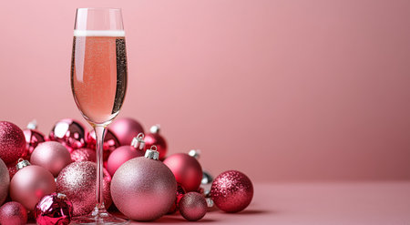 A tall glass of sparkling champagne sits elegantly beside an arrangement of shiny pink and silver holiday ornaments. The soft pastel background adds to the festive mood.の素材