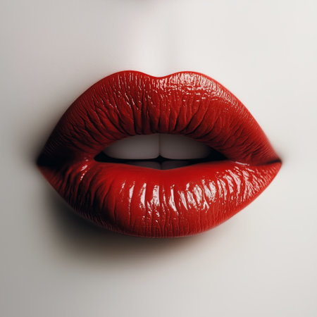 Glossy, bright red lips are centered on a smooth, light-colored background, showing a bold beauty look. This beauty shot highlights the rich color and perfect sheen.の素材