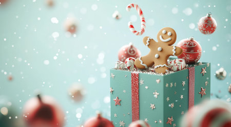 A gingerbread cookie shaped like a person sits atop a wrapped gift surrounded by Christmas ornaments and candy canes. The scene is full of sparkles and a cheerful winter vibe.の素材