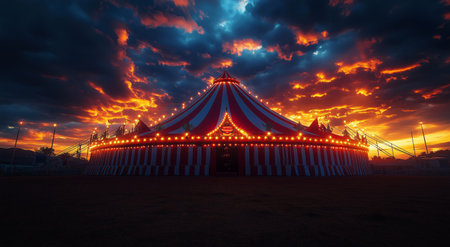 A large circus tent with red and white stripes stands out against a dramatic sunset. Bright lights outline the tent while dark clouds create a striking sky.の素材