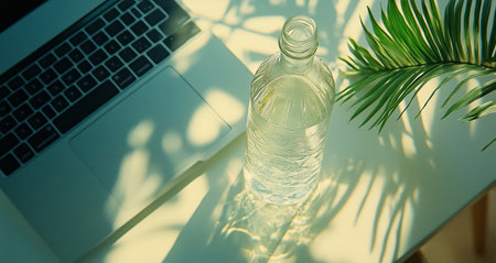 Clear water bottle resting on a light surface next to a laptop, with a palm leaf nearby and sunlight casting soft shadows in a bright workspace.の素材
