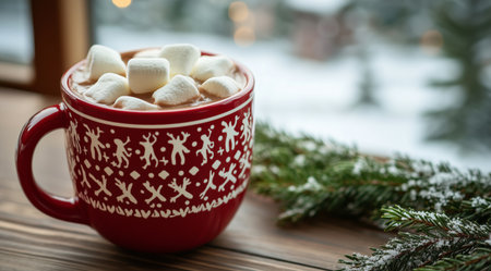 A festive red mug filled with hot chocolate and topped with fluffy marshmallows sits on a wooden table. In the background, snow-covered trees are visible through the window.の素材