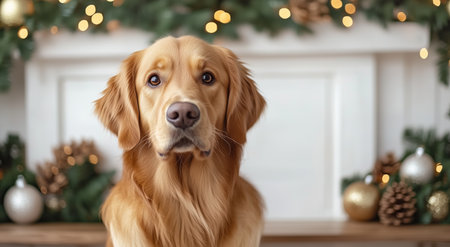 A friendly golden retriever looks curiously at the camera, surrounded by festive decorations and soft lights that create a warm atmosphere for the holidays.の素材