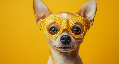 A small Chihuahua poses confidently, sporting bright yellow sunglasses. The vibrant yellow background enhances the playful mood, highlighting the dogs cute expression.の素材