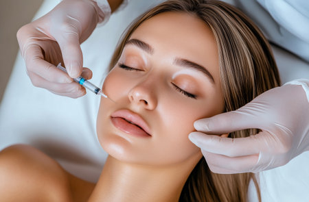 A trained professional administers a beauty treatment on the face of a young woman in a clinic. The atmosphere is calm and focused as the procedure takes place.の素材