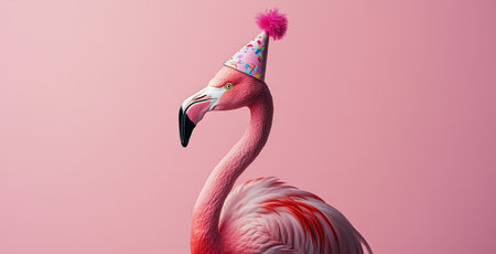 A pink flamingo stands proudly with a fun birthday hat on its head. The striking scene is set against a solid pink backdrop, creating a cheerful atmosphere.の素材