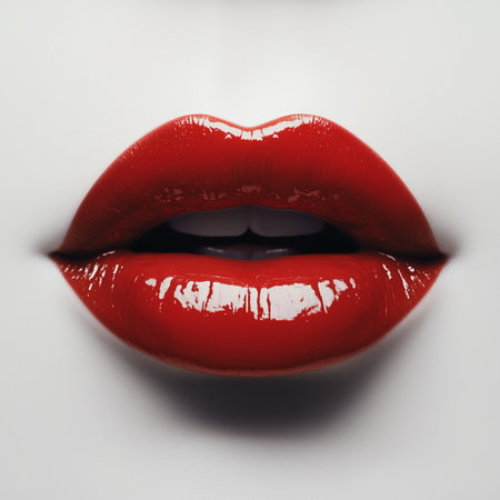 Close-up of glossy red lips against a plain white background highlights beauty and elegance. The vibrant color emphasizes the lips, drawing attention to the cosmetic artistry.の素材