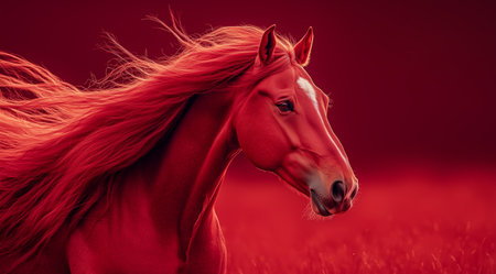 A striking red horse runs gracefully through a vivid field of crimson grass, its long mane flowing in the wind. The scene is captivating with deep red tones and dynamic movement.の素材