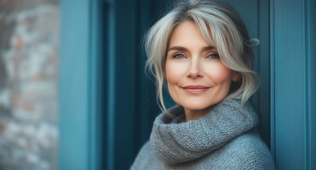 A woman with blonde hair stands outside, smiling softly. She wears a warm gray sweater and leans against a blue door, creating a calm and inviting atmosphere.の素材