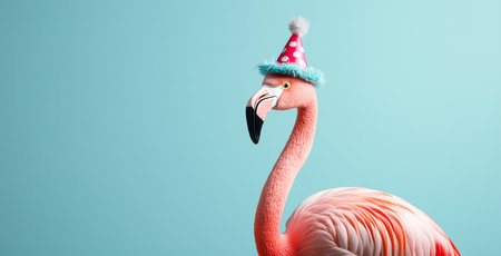 A pink flamingo stands proudly, adorned with a colorful party hat that has a pom-pom on top, set against a vibrant light blue backdrop, creating a playful scene.の素材