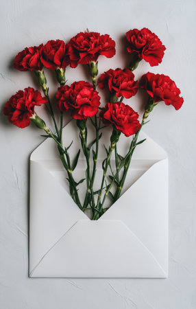Fresh red carnations are creatively arranged in a white envelope, placed against a soft light background. This setup gives a vibrant and elegant feel, perfect for gifts.の素材