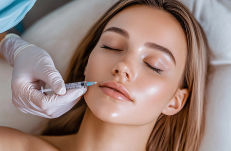 A woman relaxes on a treatment bed while receiving lip enhancement injections in a clean, bright clinic.の素材