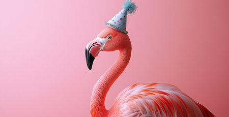 A pink flamingo stands proudly with a fun birthday hat on its head. The striking scene is set against a solid pink backdrop, creating a cheerful atmosphere.の素材