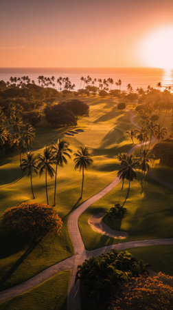 Golden sunlight casts a warm glow over a lush golf course, surrounded by palm trees and distant mountains, creating a tranquil evening scene.の素材
