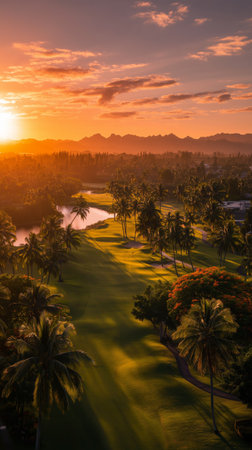 Golden sunlight casts a warm glow over a lush golf course, surrounded by palm trees and distant mountains, creating a tranquil evening scene.の素材