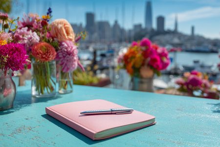 Bright flowers in vases surround a pink notebook and pen on a sunny table overlooking a harbor. The city skyline stands tall in the background, creating a serene atmosphere.の素材