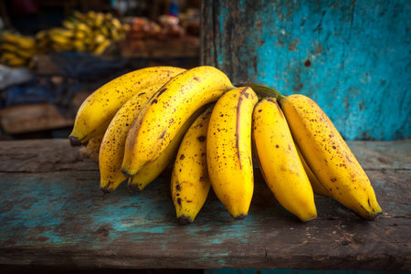 A bunch of ripe yellow bananas rests on a weathered wooden table, with a colorful market backdrop and warm sunlight illuminating the scene.の素材