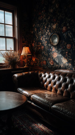 A vintage room features a brown leather sofa adorned with soft cushions. A small table sits nearby, illuminated by a warm lamp creating a relaxed atmosphere.の素材