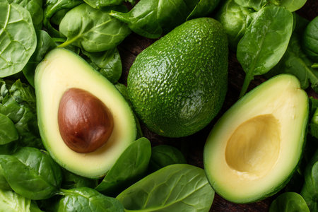 Ripe avocados sit alongside fresh spinach leaves on a dark surface, showing vibrant colors and textures ideal for nutritious meal options.の素材
