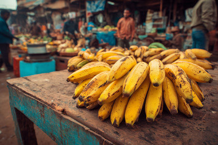 A bunch of ripe yellow bananas rests on a weathered wooden table, with a colorful market backdrop and warm sunlight illuminating the scene.の素材