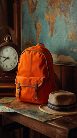 An orange backpack rests on a wooden table beside a straw hat. A large clock and a world map decorate the wall, creating a travel-inspired, cozy atmosphere.の素材