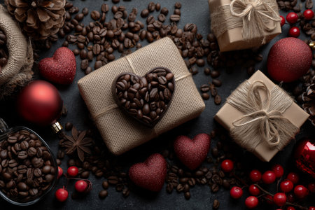 Various coffee beans and a chocolate heart are arranged with wrapped gifts and festive decorations, creating a cozy winter atmosphere perfect for celebrations and gifting.の素材