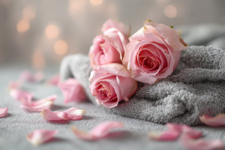 Fresh pink roses rest on a soft gray towel, surrounded by delicate rose petals, creating a calming and romantic setting perfect for relaxation or a spa day.の素材