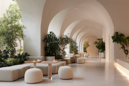 A spacious indoor area showcases elegant architecture with arches and abundant greenery. Natural light floods the room, creating a serene and inviting atmosphere suitable for gatherings.の素材