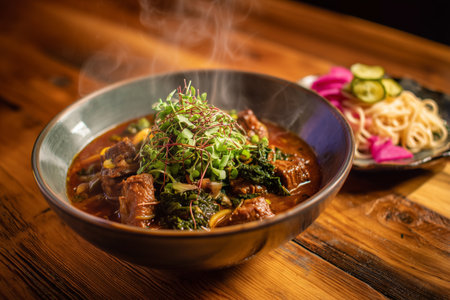 Warm stew filled with tender meat and fresh vegetables is served in a white bowl. A side of noodles and vegetables complement the dish in a relaxed dining setting.の素材