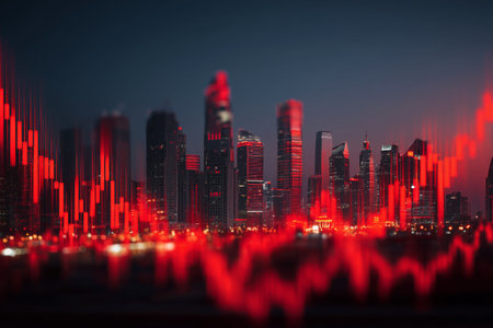 A vibrant sunset casts a red glow over a city skyline.の素材