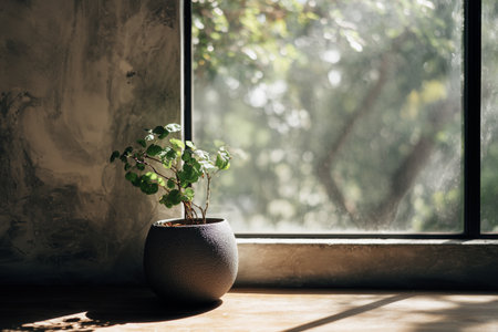 A small green plant in a textured pot rests on a wooden table by a large window. Sunlight filters through the glass, casting soft shadows in the warm ambiance.の素材