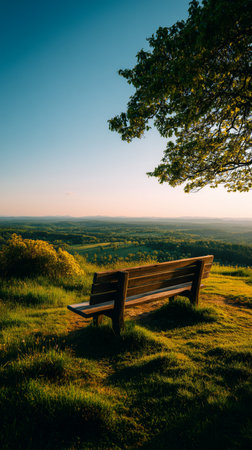 A wooden bench sits on a grassy hill, offering a stunning view of fields and distant hills as the sun sets, creating a peaceful atmosphere perfect for reflection.の素材